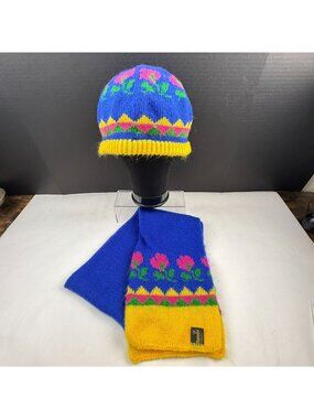 Vintage 90s Hansen Knit Beanie and Scarf Set Floral Design